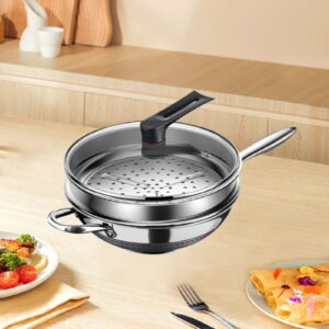 Fenteer Stainless Steel Wok Pan Cooking Pot with Glass Lid and Steamer Large Cookware Round Bottom for Kitchen All Cooktops Induction, 36cm