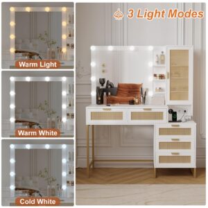 GarveeHome Vanity Mirror with Lights and Table & Power Outlet, Makeup Vanity Table with 12 Bulbs, 5 Drawer & Cabinet, 3 Ligthing Color Vanity Desk with Mirror and Lights, Rattan