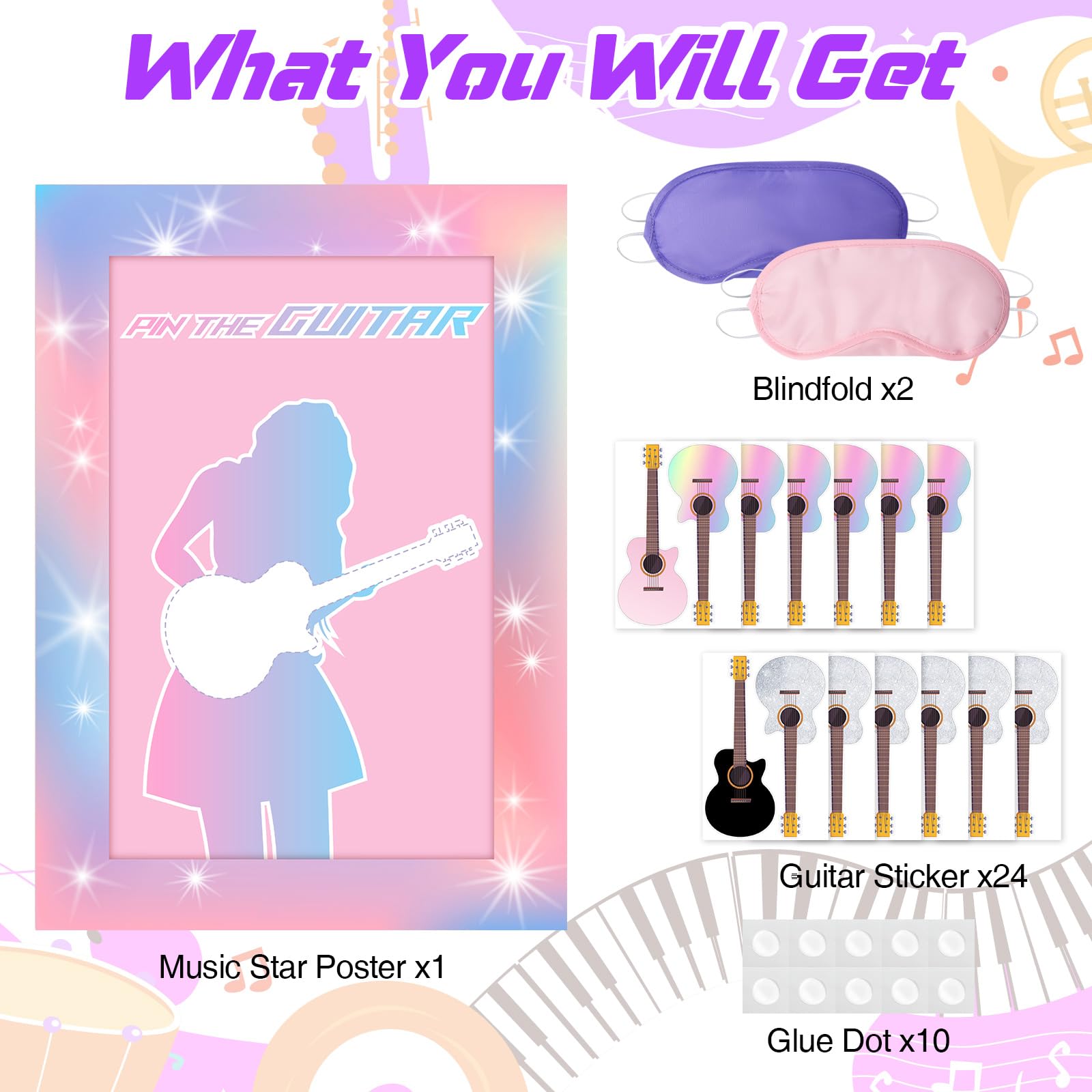 Lidmada Party Decorations Pin The Guitar on The Music Super Star Game, Large Poster with 24 Reusable Guitar Stickers for Pink Girls Birthday Party Favors Supplies