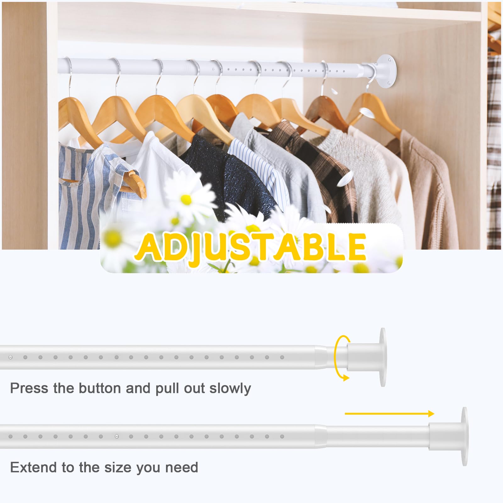 Closet Rod,17-82 Inch Heavy Duty Closet Rods for Hanging Clothes Adjustable Clothes Hanging Rod White Closet Rod for Wardrobes or Closet