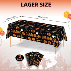 3 Pack Halloween Tablecloth Rectangle 54" x 108" Plastic Table Cloth Disposable Black Camping Table Cover Decorations Cute Pumpkin Ghost Scary Spooky Indoor Outdoor Waterproof Birthday Party Supplies