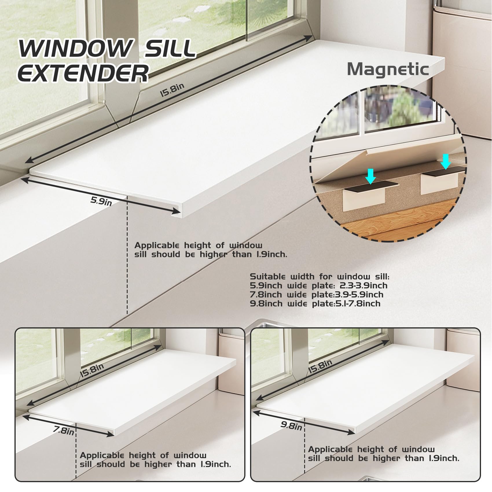 Carbon Steel Window Sill Extender Plate, Countertop Extension Board for Kitchen Organization and Storage, Window Plant Shelves with Magnetic backplane, No punching,Adjustable removable (16*6 IN)