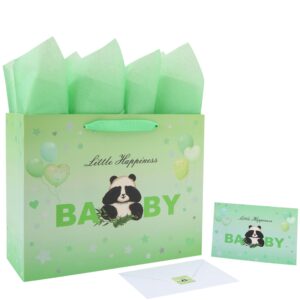 13” large baby boy girl gift bag set with handles, greeting card, tissue papers and stickers for baby shower, kids’ birthday party, green balloons panda design, 1 pcs