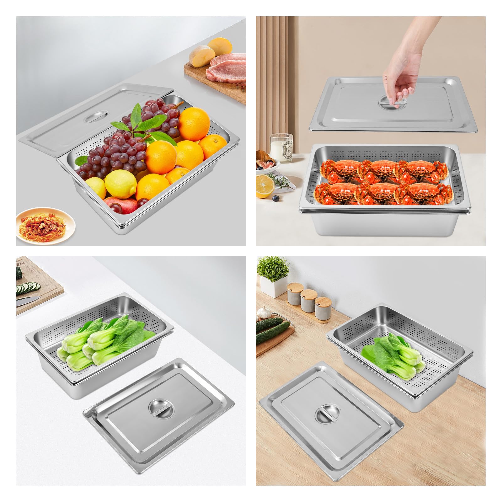 4" Deep Perforated Pan+6" Deep Steam Teable Pan+Lid, Food Pan for Commercial or Personal, 9.51-10.57Qt and 12.68Qt Stainless Steel Steam Pan Set, Full Size Hotel Pan, Steam Table Tray for Food Warmer