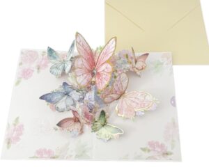 pqzkldp 3d pop-up butterflies greeting card in natural with envelope and note tag birthday-anniversary-wedding-thank you- gift card all occasion (pink)