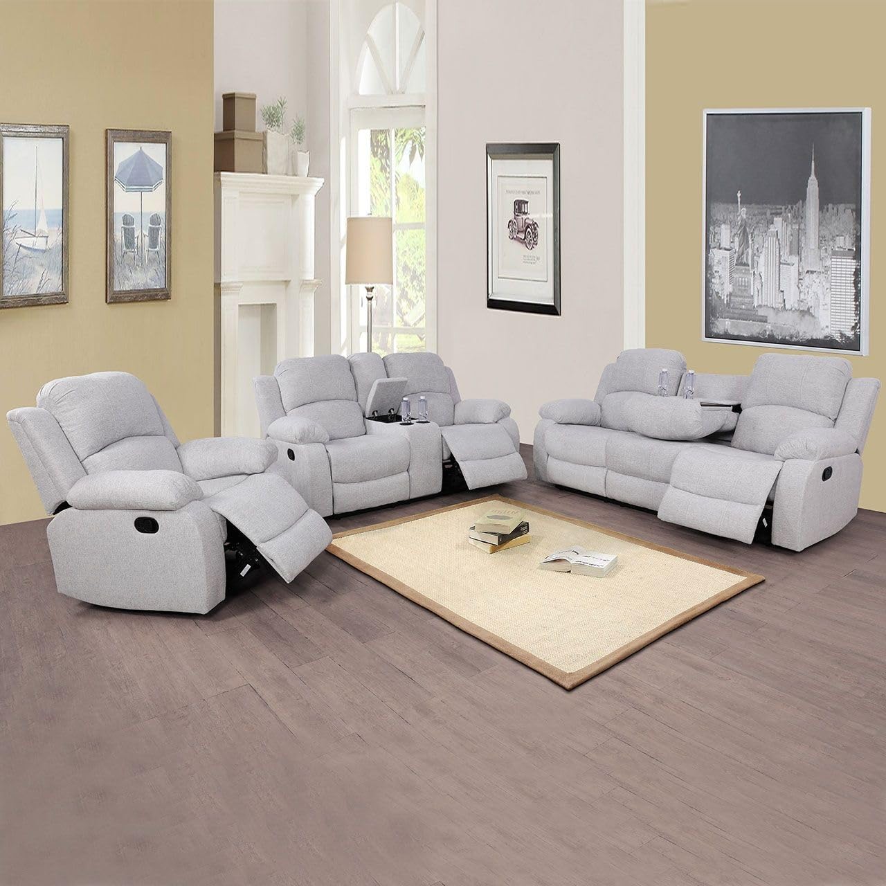 We Own Linen Recliner Sofa Set 3 PCS Motion Sofa Loveseat Recliner Sofa Recliner Couch Manual Reclining Chair for Living Room (3 Piece Set) (Grey)