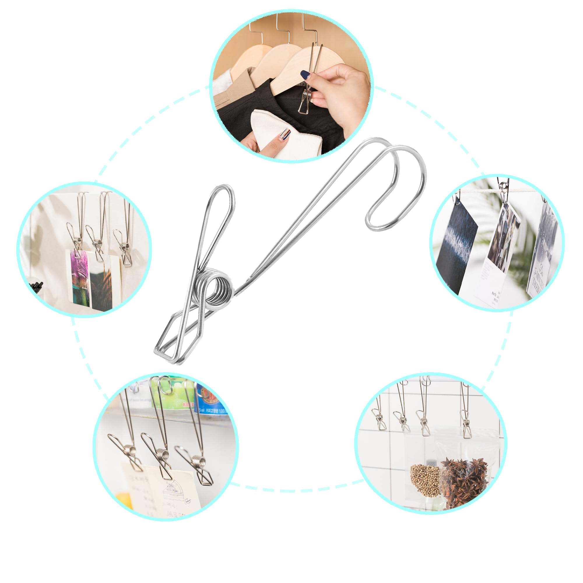 24Pcs Stainless Steel Metal Long Tail Clip with Hooks，Clips for Hanging- Ideal for Closet, Kitchen, Bathroom - Hang Photos, Cards, Stockings - Rust-304 Stainless Steel Clothes Pins