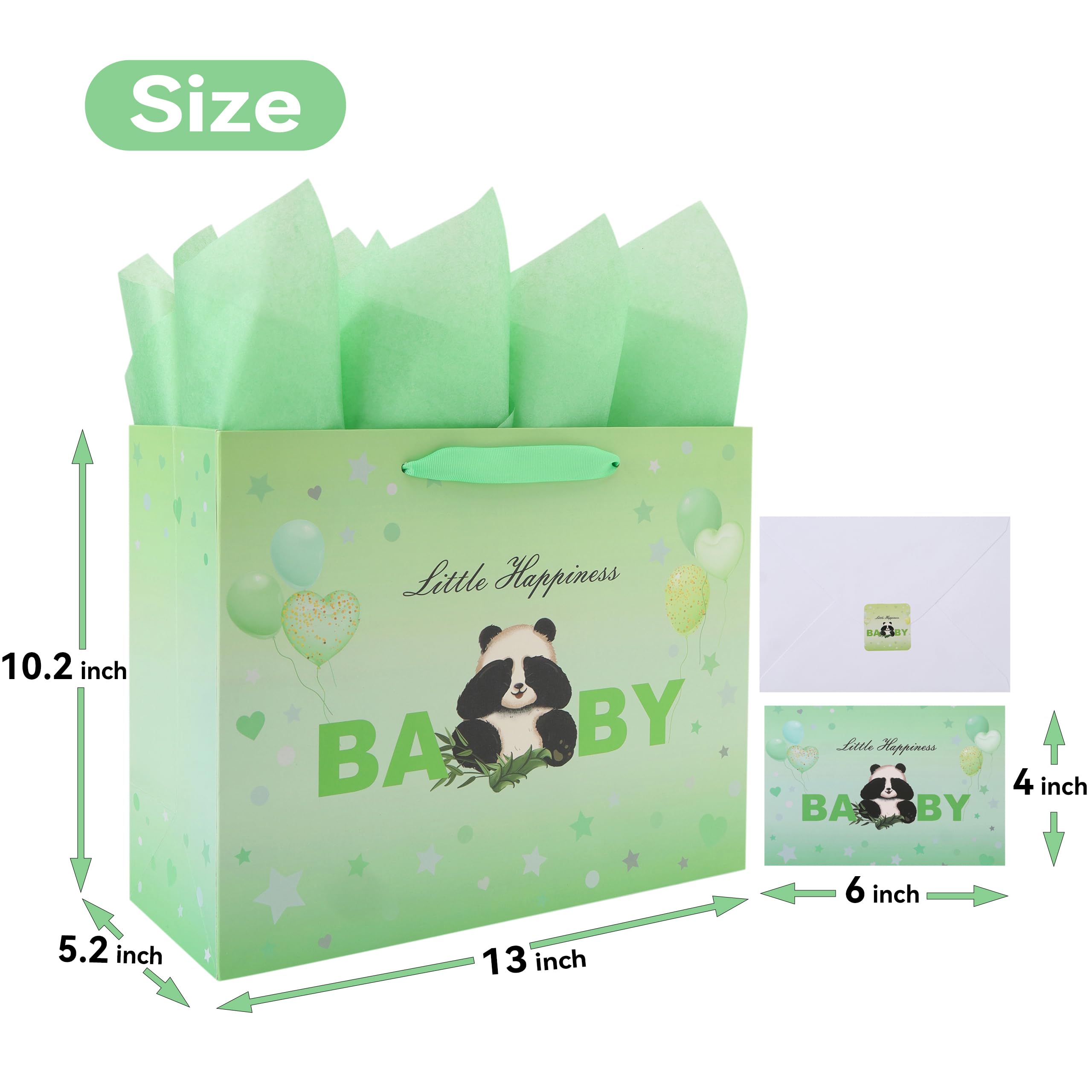 13” Large Baby Boy Girl Gift Bag Set with Handles, Greeting Card, Tissue Papers and Stickers for Baby Shower, Kids’ Birthday Party, Green Balloons Panda Design, 1 Pcs