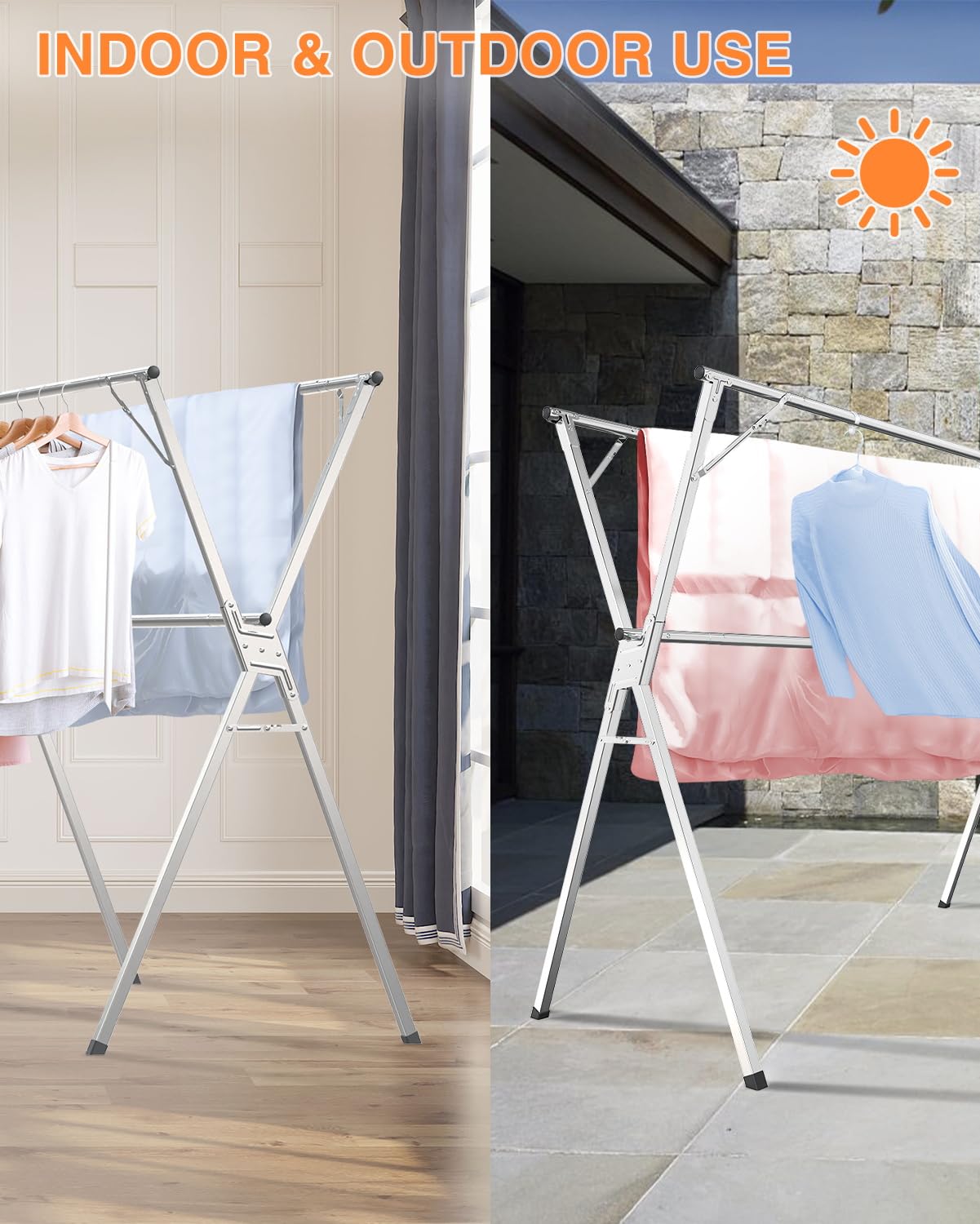 Clothes Drying Rack 63 Inches, Folding Laundry Drying Rack Clothing, Foldable Garment Hanging Drying Rack for Indoor Outdoor, Heavy Duty Collapsible Laundry Hanger Dryer Rack with 20 Windproof Hooks