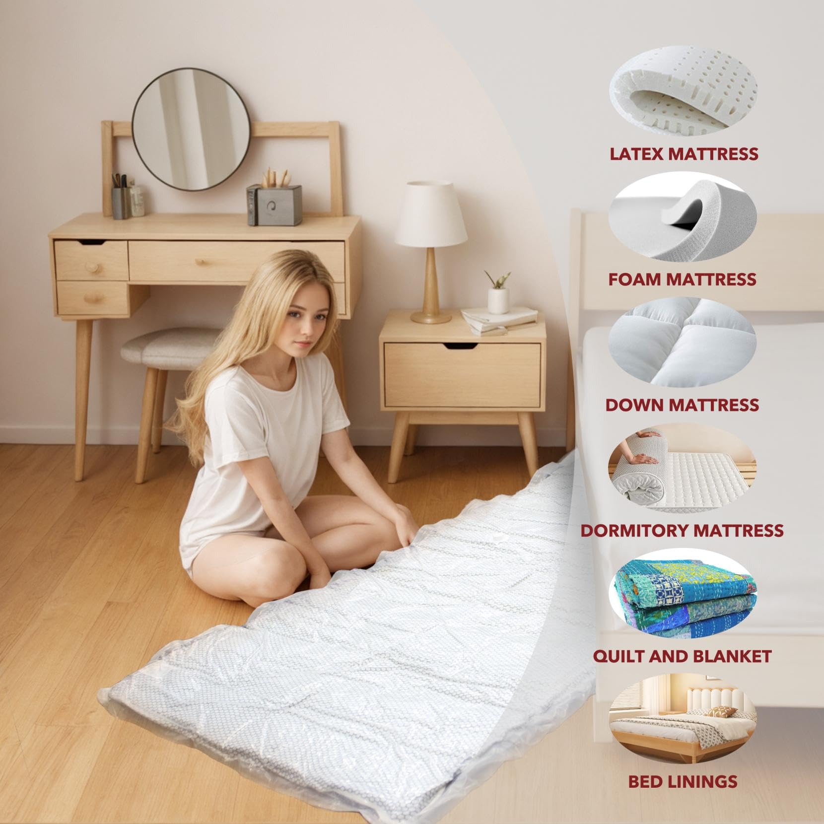 Queen/Full/Full-XL Mattress Vacuum Bag for Moving and Storage, Vacuum Seal Compression Bag for Queen and Full Size Mattresses, Heavy Duty Mattress Bag for Storage, with Sealing Clip and 5 Straps