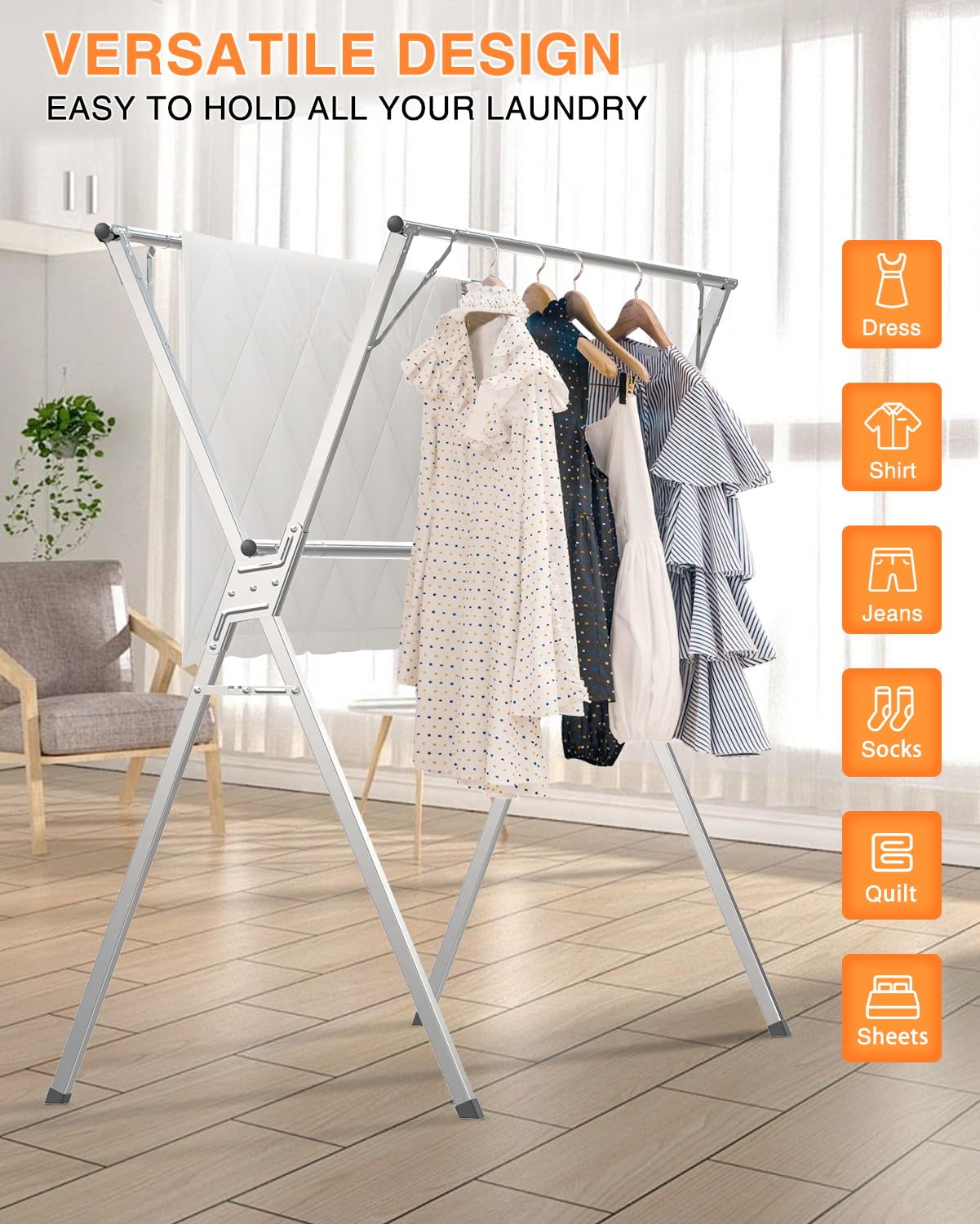 Clothes Drying Rack 63 Inches, Folding Laundry Drying Rack Clothing, Foldable Garment Hanging Drying Rack for Indoor Outdoor, Heavy Duty Collapsible Laundry Hanger Dryer Rack with 20 Windproof Hooks