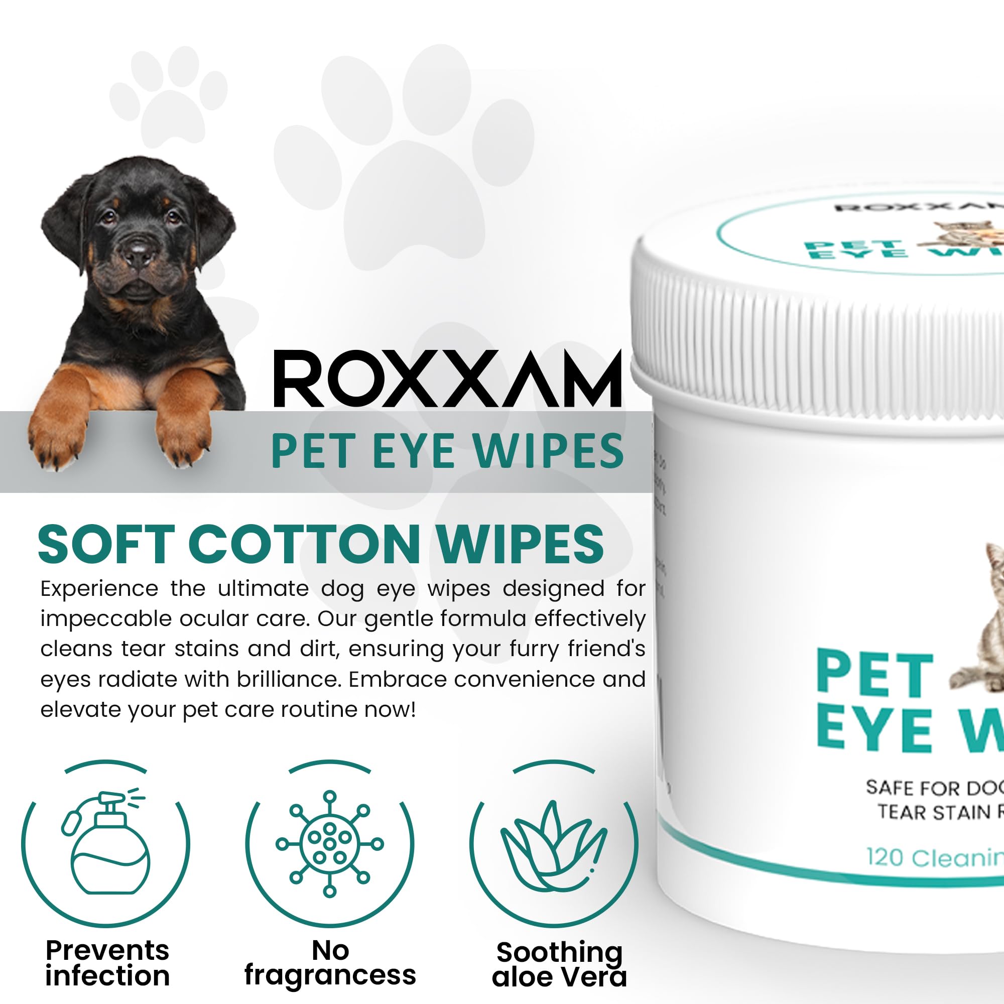 ROXXAM Pet Eye Wipes | Soft & Gentle Tear Stain Remover for Dogs Wipes | Convenient & Easy to Use Dog Mouthwash: Advanced Dental Care Water Additive for Dogs | Keep Dog Breath Fresh and Teet