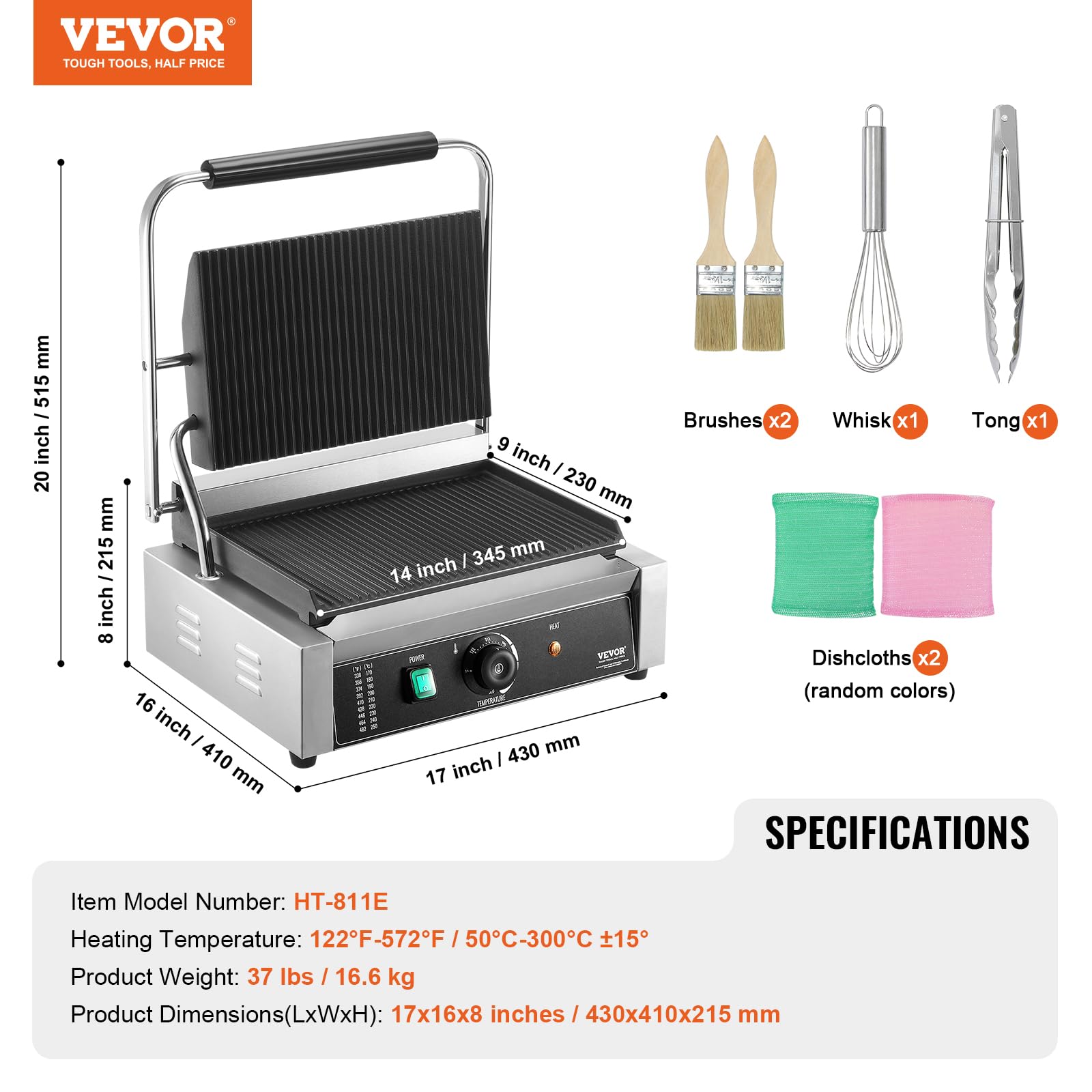 VEVOR Commercial Panini Grill, 1800W Electric Sandwich Panini Maker, Stainless Steel Sandwich Press, Panini Grill with Temp Control & 14"x9" Full Grooved Enamel Plate, for Hamburger Steak Bacon