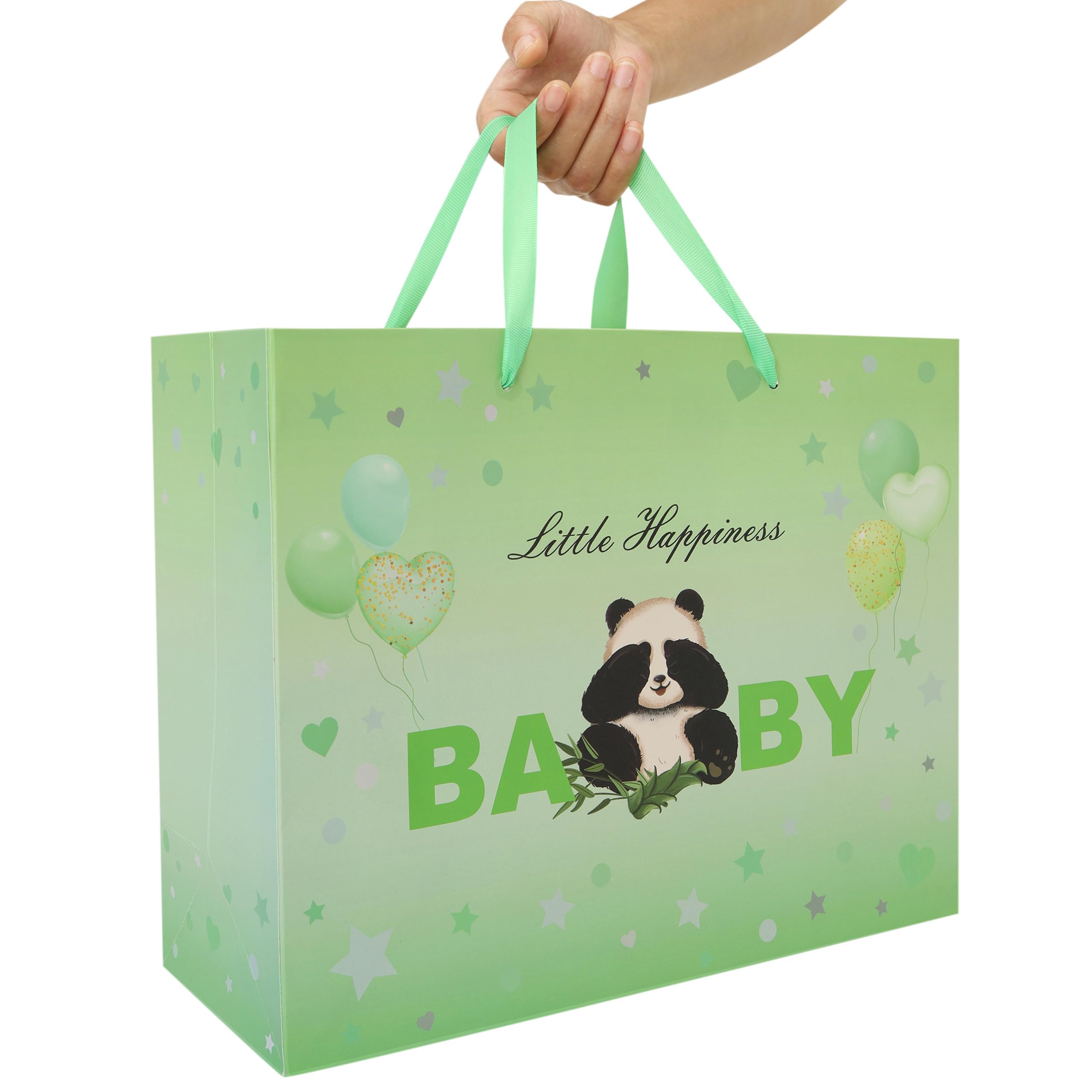 13” Large Baby Boy Girl Gift Bag Set with Handles, Greeting Card, Tissue Papers and Stickers for Baby Shower, Kids’ Birthday Party, Green Balloons Panda Design, 1 Pcs