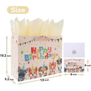 13” Large Dog Happy Birthday Gift Bag Set with Handles, Greeting Card, Tissue Papers and Stickers for Girl Boy Kid Women Men, Cream Puppy Design, 1 Pcs