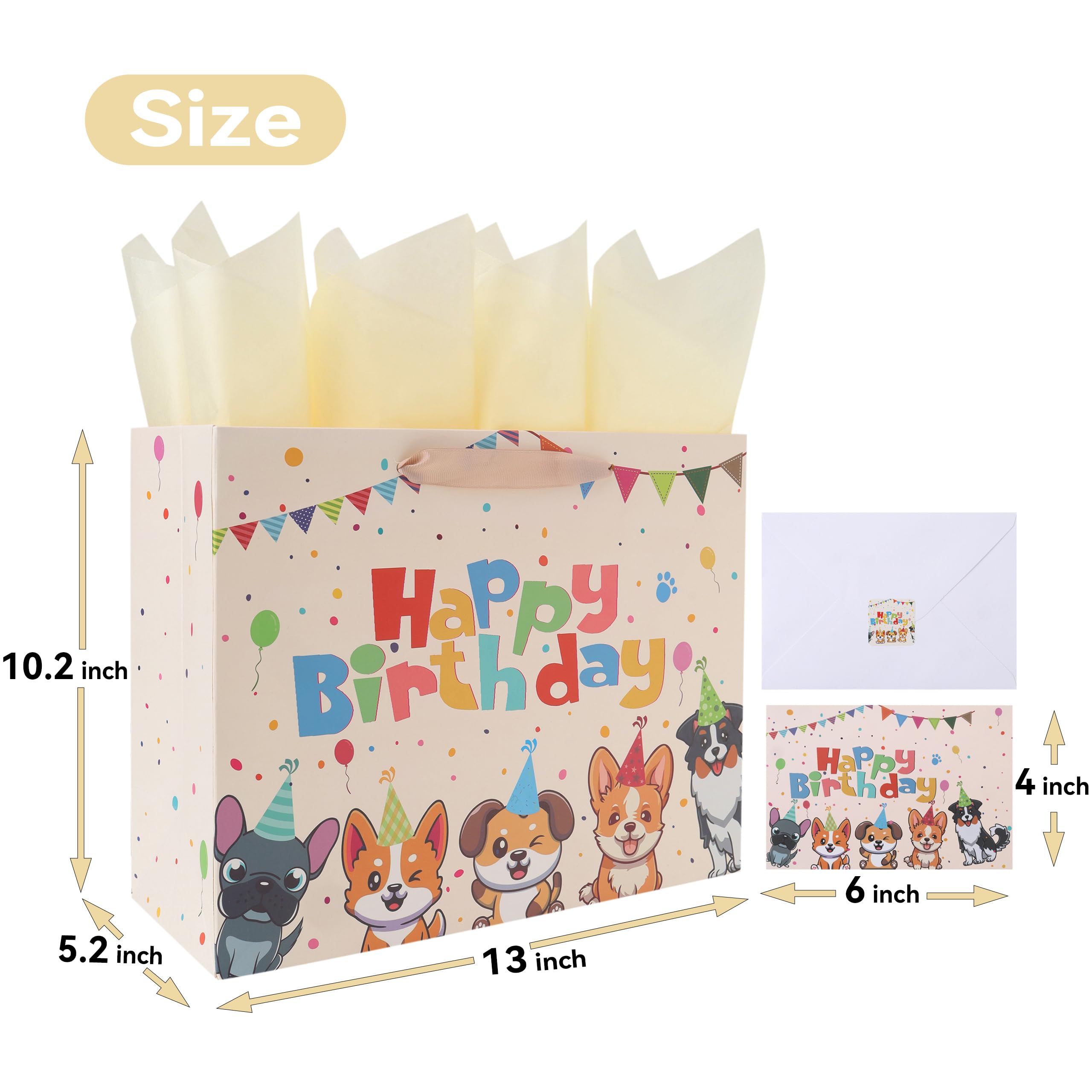 13” Large Dog Happy Birthday Gift Bag Set with Handles, Greeting Card, Tissue Papers and Stickers for Girl Boy Kid Women Men, Cream Puppy Design, 1 Pcs