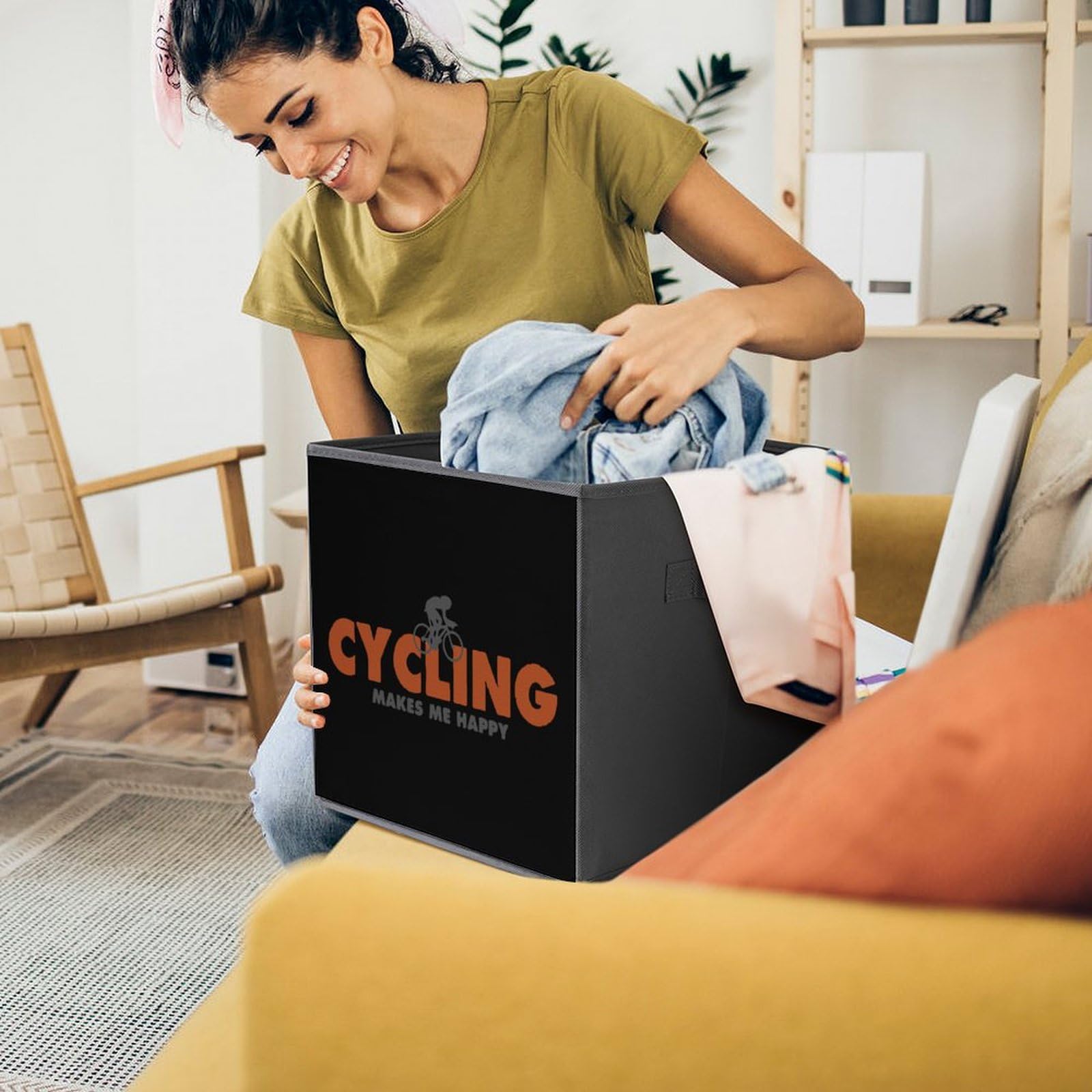 Cycling Makes Me Happy Folding Fabric Storage Bins Cubes Closet Organizer Basket with Handles 1PCS