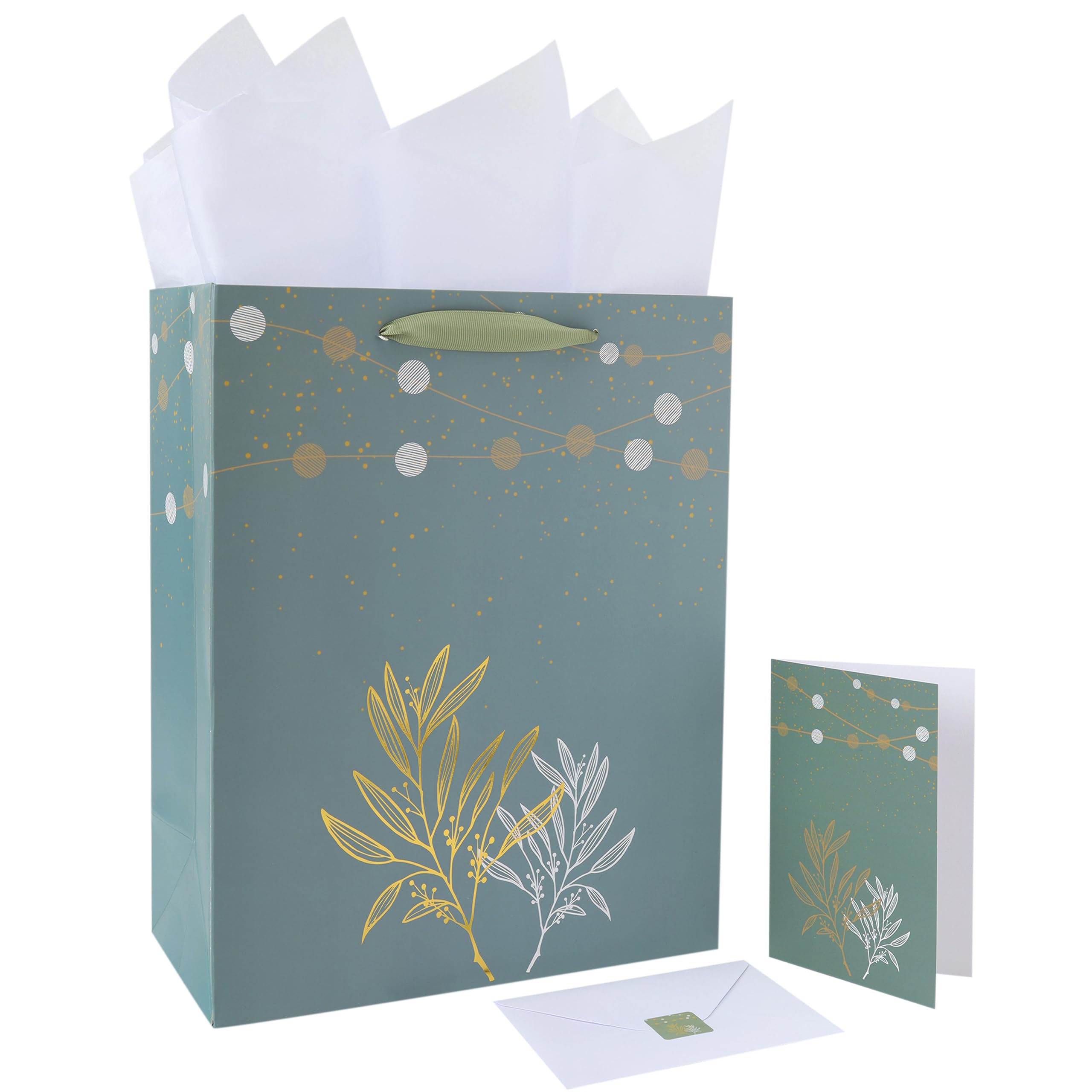 13” Large Green Gift Bag Set with Handles, Greeting Card, Tissue Papers and Stickers for Women Girls for Birthday, Wedding, Anniversary and Mother’s Day, Gold Foil Botanical Design, 1 Pcs