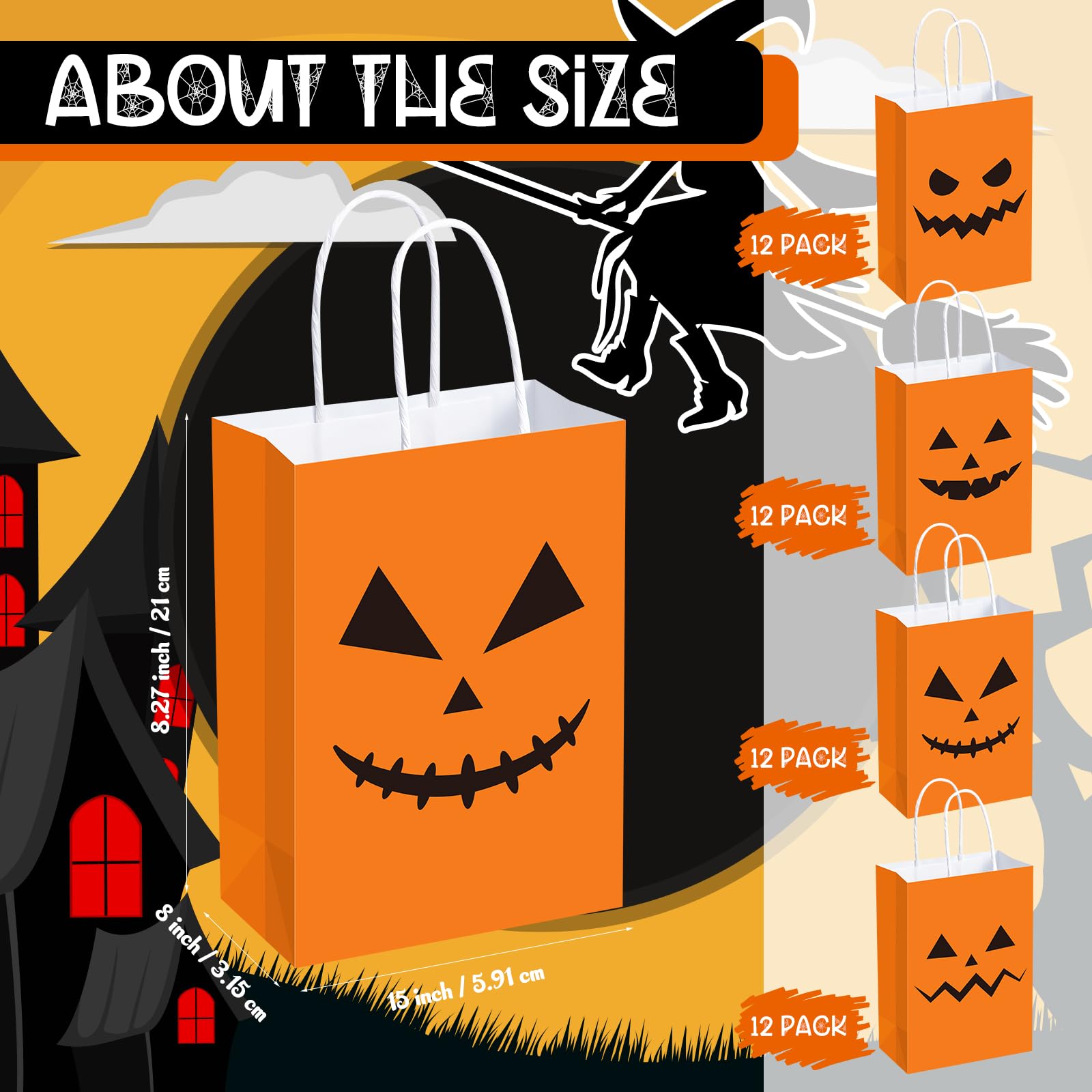 Ireer 48 Pcs Halloween Pumpkin Gift Bags Halloween Paper Candy Goodie Bags with Handle Trick or Treat Bags Halloween Wrapping Paper Bags for Halloween Party Favors Decorations