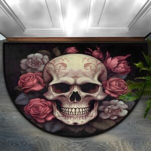 rose flower skull dark semi circle doormat, non-slip half round door mat 24x36 welcome mats for front door, washable area rug decorative floor mat for indoor outdoor kitchen entryway low profile