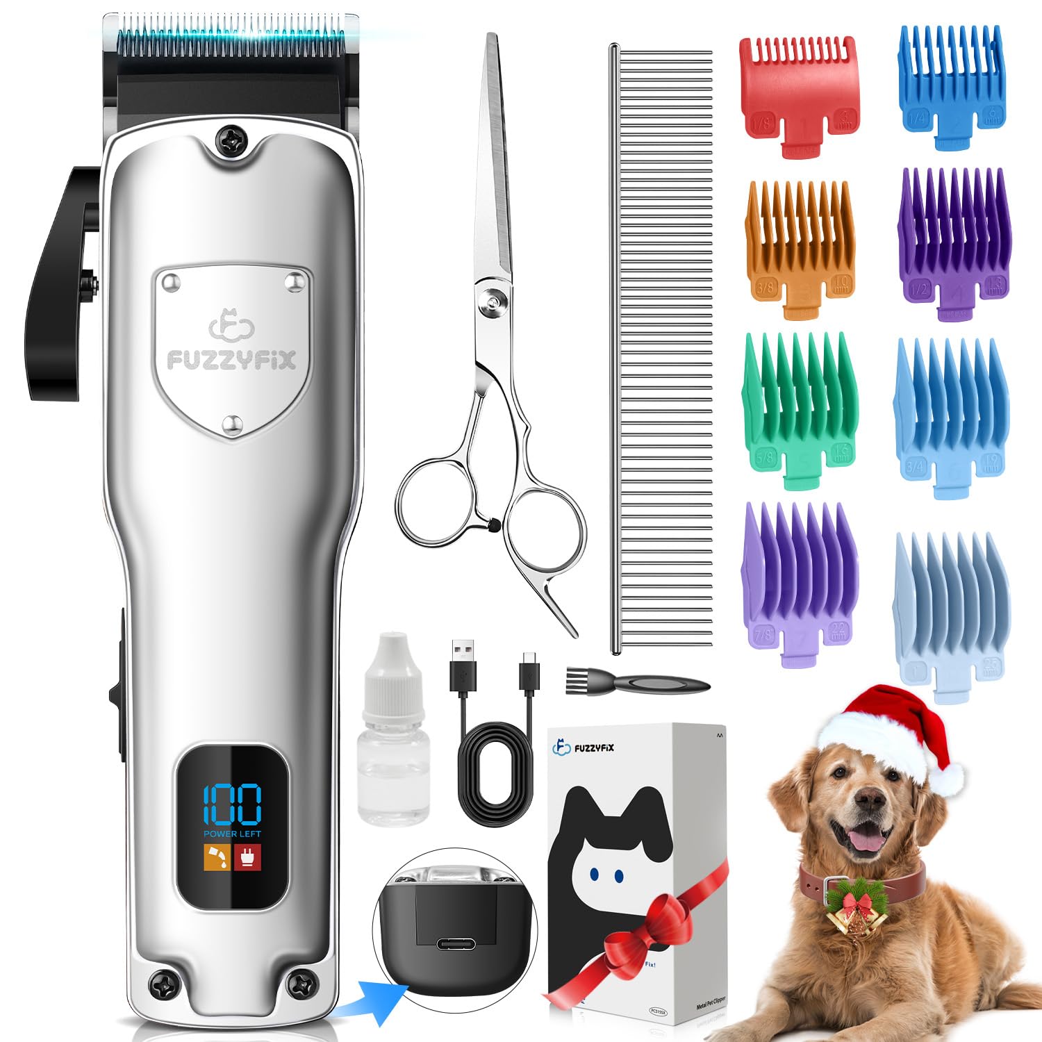 FuzzyFix Dog Clippers for Grooming for Thick Heavy Coats, Professional Pet Grooming Clippers Supplies Kit Low Noise Rechargeable Stainless Steel Hair Trimmer with Ceramic Blade for Dogs Cats Animals