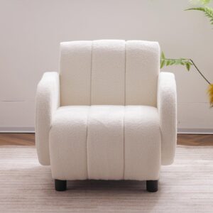 SUNWAVE Accent Chair with Round Armrest and Wood Legs, Soft Teddy Fleece Reading Chair, Boucle Chair for Living Room, Bedroom, Office, Single Sofa Lounge Club Chair