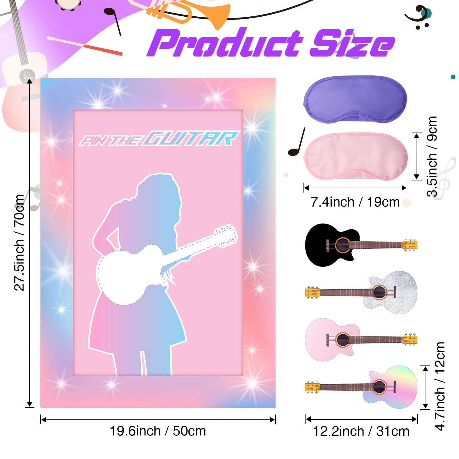 Lidmada Party Decorations Pin The Guitar on The Music Super Star Game, Large Poster with 24 Reusable Guitar Stickers for Pink Girls Birthday Party Favors Supplies