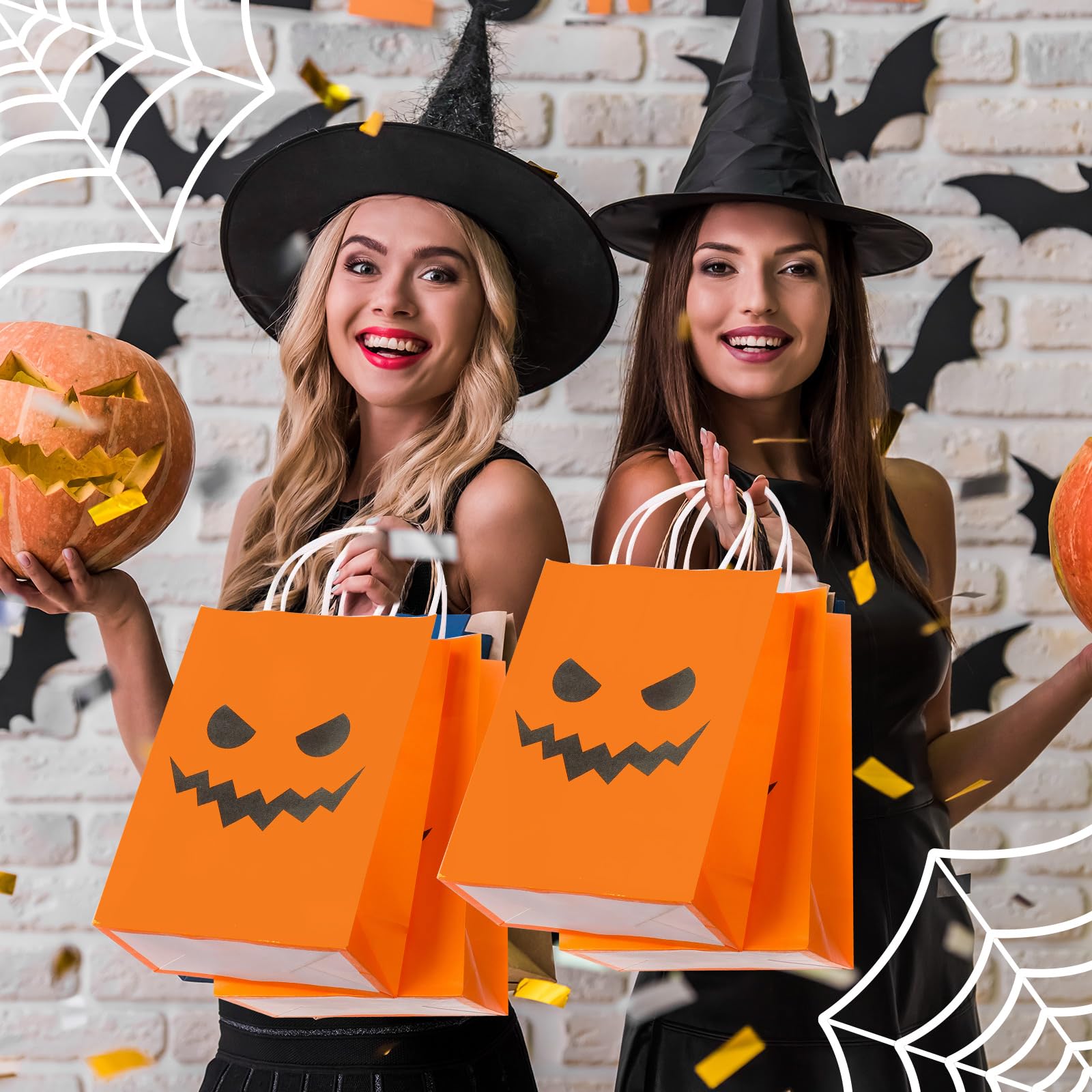 Ireer 48 Pcs Halloween Pumpkin Gift Bags Halloween Paper Candy Goodie Bags with Handle Trick or Treat Bags Halloween Wrapping Paper Bags for Halloween Party Favors Decorations