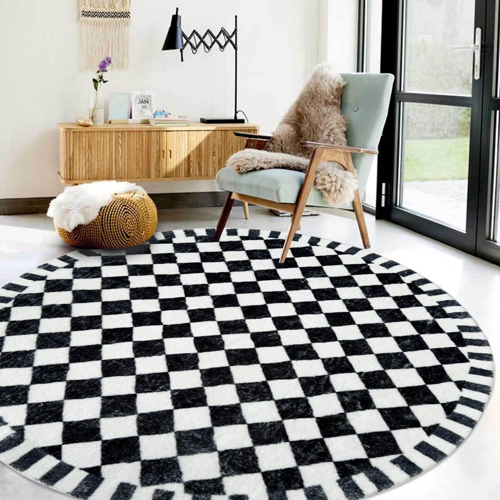 Lacomfy Checkered Rug 5.2Ft Round Modern Rug Circle Buffalo Plaid Check Bedroom Carpet Nonslip Farmhouse Floor Mat Washable Checkerboard Area Rug for Living Room Home Decor, Black