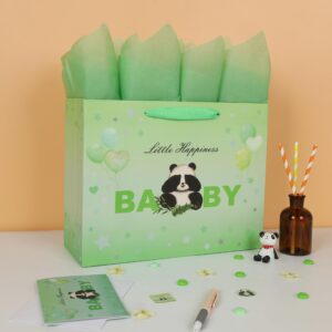 13” Large Baby Boy Girl Gift Bag Set with Handles, Greeting Card, Tissue Papers and Stickers for Baby Shower, Kids’ Birthday Party, Green Balloons Panda Design, 1 Pcs