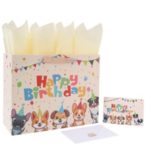 13” large dog happy birthday gift bag set with handles, greeting card, tissue papers and stickers for girl boy kid women men, cream puppy design, 1 pcs