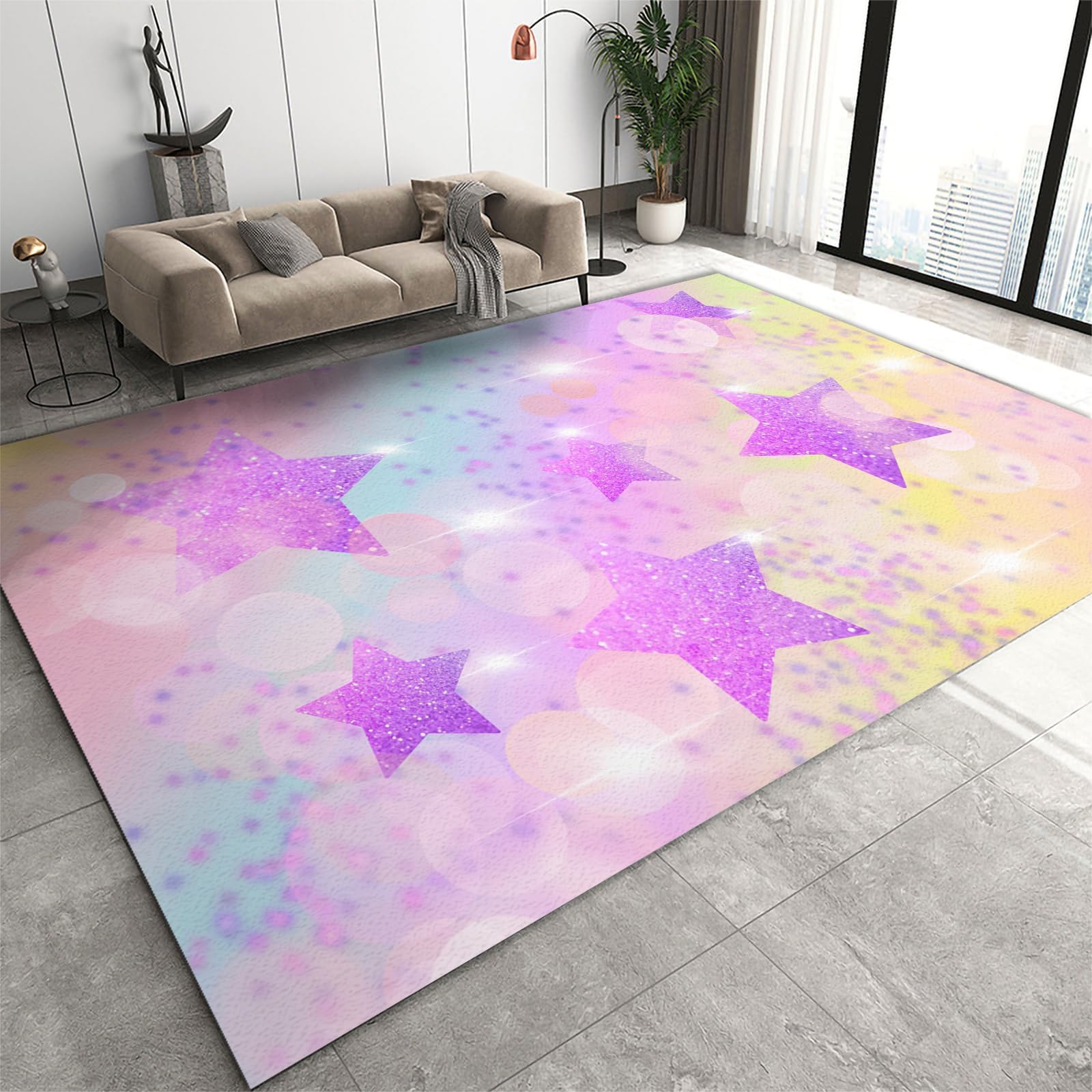 Dreamy Starry Sky Purple Area Rug, Purple Stars Decorative Rug, Easy Clean Carpet with Anti-Slip Backing for Bedroom Living Room Dining Room Office 3ftx5ft