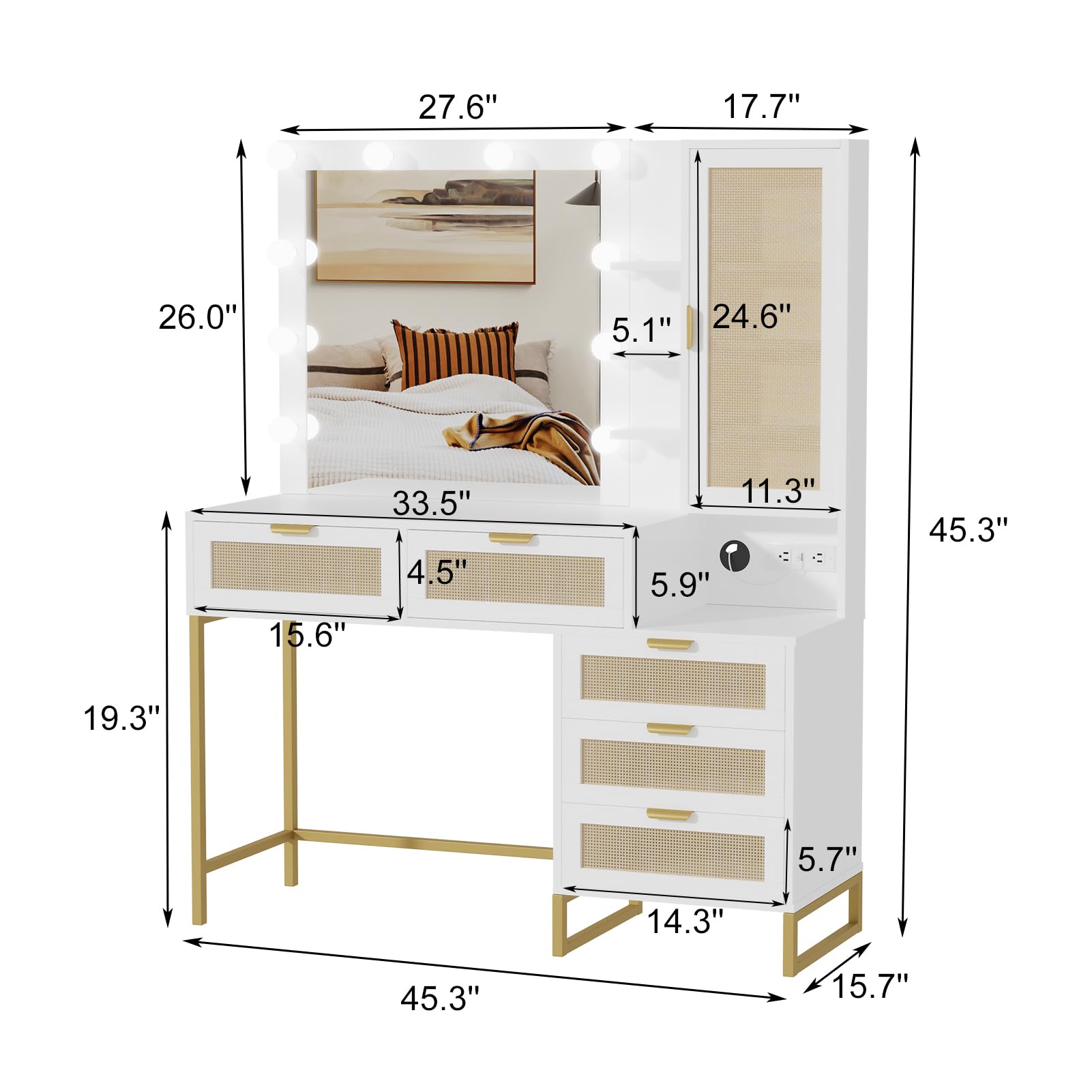 GarveeHome Vanity Mirror with Lights and Table & Power Outlet, Makeup Vanity Table with 12 Bulbs, 5 Drawer & Cabinet, 3 Ligthing Color Vanity Desk with Mirror and Lights, Rattan