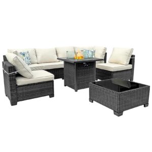 8-piece outdoor rattan wicker patio furniture set with 28" gas fire pit table, coffee table, armless seats, corner seats, and cushions included, outdoor sectional furniture, coffee/beige