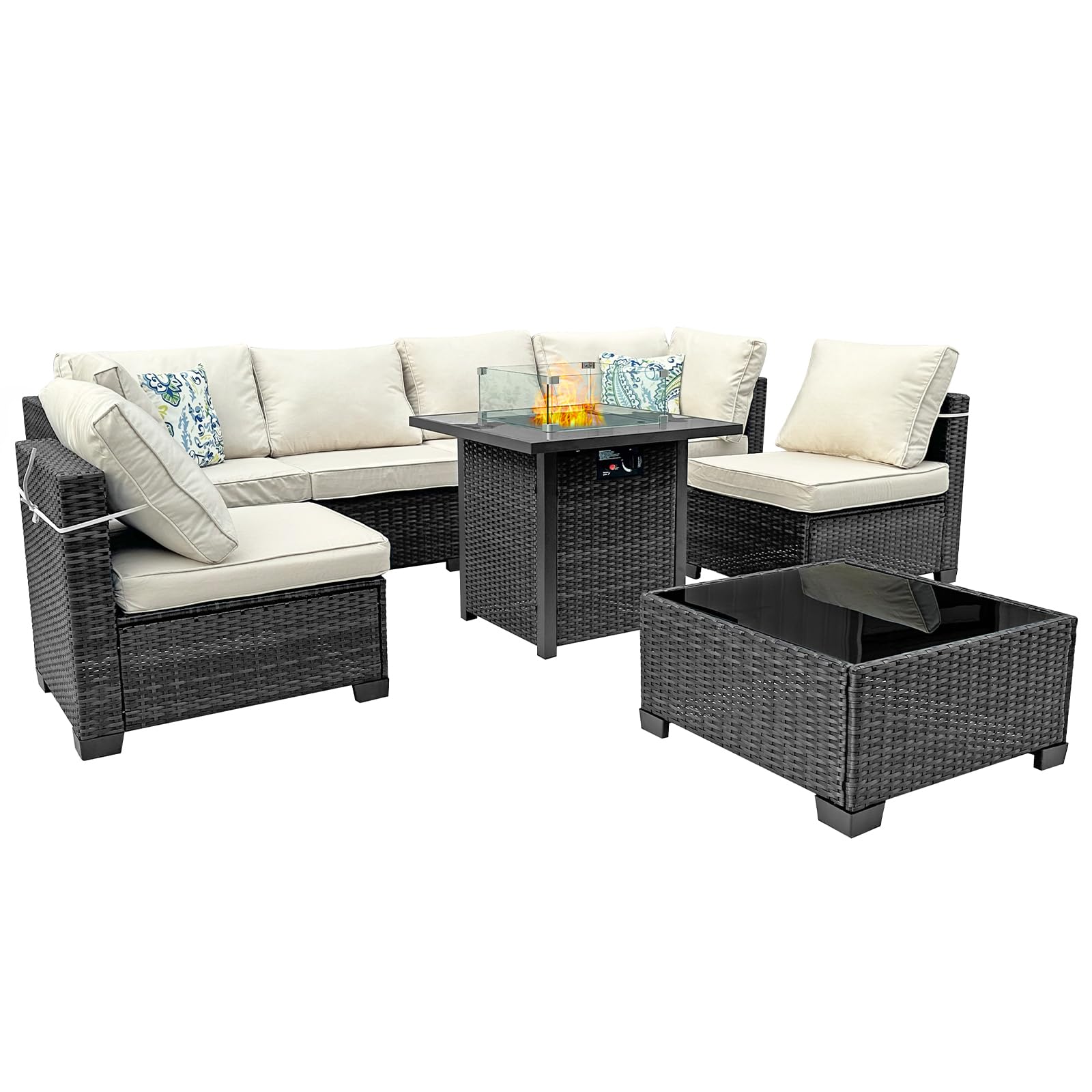 8-Piece Outdoor Rattan Wicker Patio Furniture Set with 28" Gas Fire Pit Table, Coffee Table, Armless Seats, Corner Seats, and Cushions Included, Outdoor Sectional Furniture, Coffee/Beige