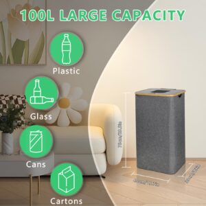 26 Gallon Recycling Bins for Kitchen, Indoor Home Recycle Bin with Lid, 100L Recycling Bin with 2 Removable Reusable Inner Bags, Soft Close Lid and Airtight, Collecting Bottle Can Glass Plastic