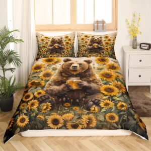 Feelyou Bear Bedding Set for Girls Boys Kids King Size Sunflower Comforter Cover Set Room Decorative Butterfly Duvet Cover Brown Bedspread Cover Bedclothes,No Comforter