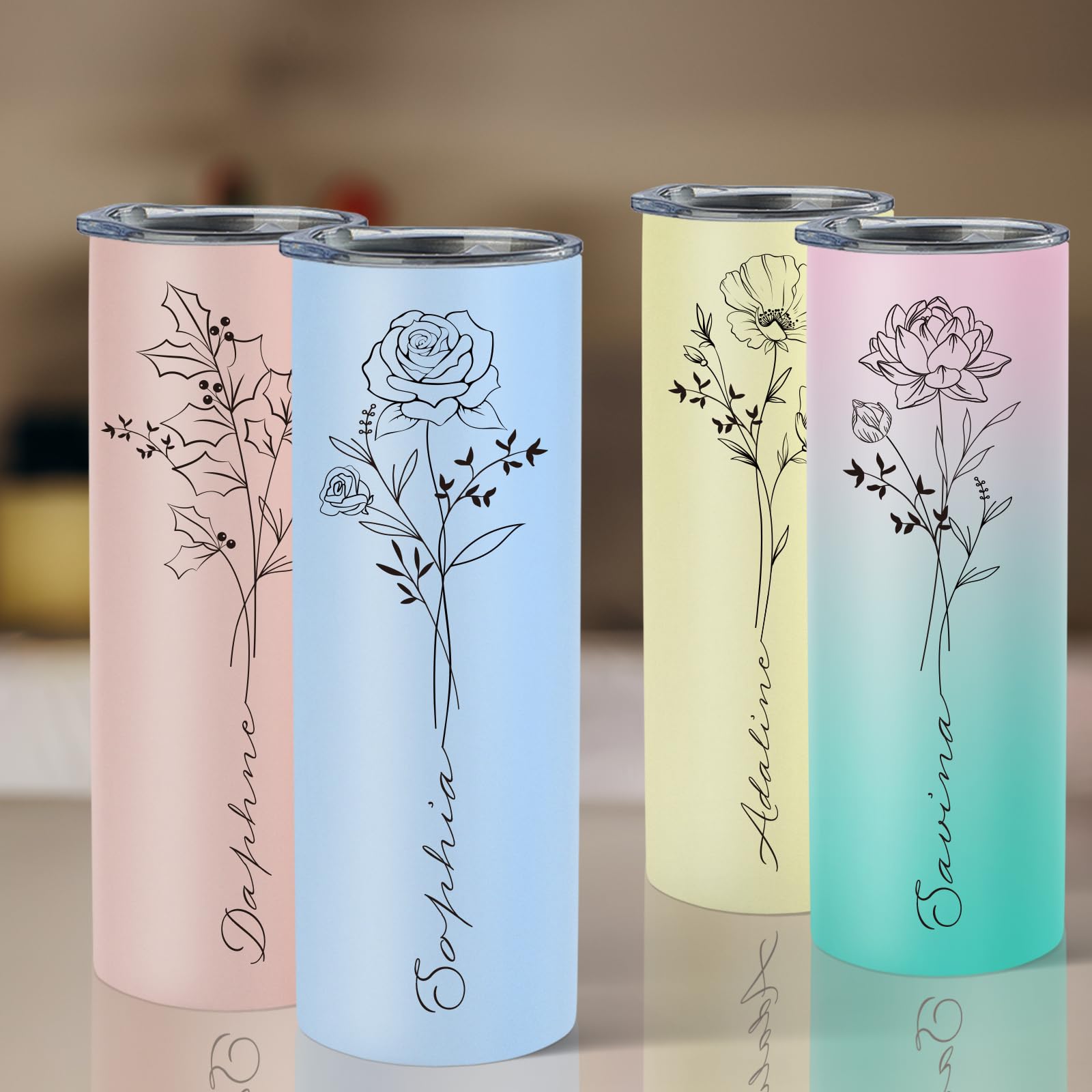 Personalized Tumblers with Names, Custom Coffee Tumbler with Birth Flower - 15 Colors 20 oz Skinny Tumblers Cups with Straw, Personalized Birthday Gifts for Women Mom…