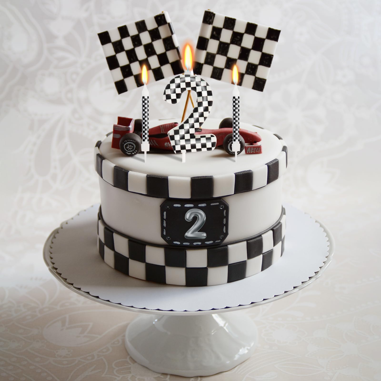 7 Pcs Number 2 Racing Cars Birthday Candle Set, Race Car Theme Cake Topper, Truck Themed Birthday Party Decorations, Black White Checkered Candles