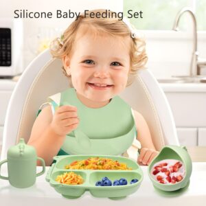 Dinosaur Silicone Baby Feeding Set, Baby Led Weaning Supplies, Dino Shapes Toddler Suction Plate and Bowl with Spoon Fork Sippy Cup Bib, Self Feeding Silicone Tableware, Green