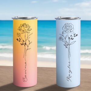 Personalized Tumblers with Names, Custom Coffee Tumbler with Birth Flower - 15 Colors 20 oz Skinny Tumblers Cups with Straw, Personalized Birthday Gifts for Women Mom…