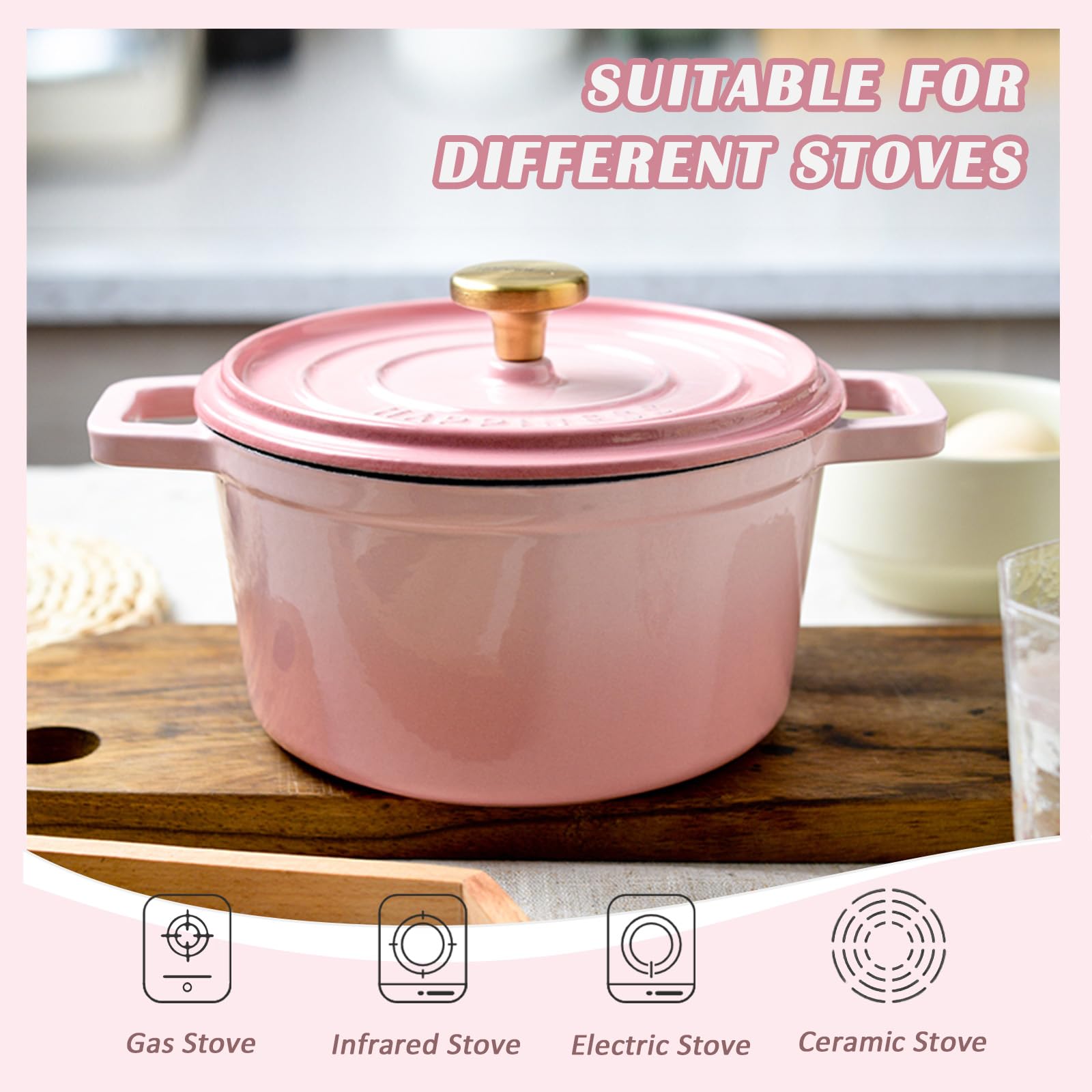 Enameled Cast Iron Dutch Oven, Pink Nonstick Dutch Oven Pot with Lid, Round Enamel Cookware for Braising Stewing Roasting Baking, Good Sealing, Cooking Pot Suitable for All Stoves (Pink)