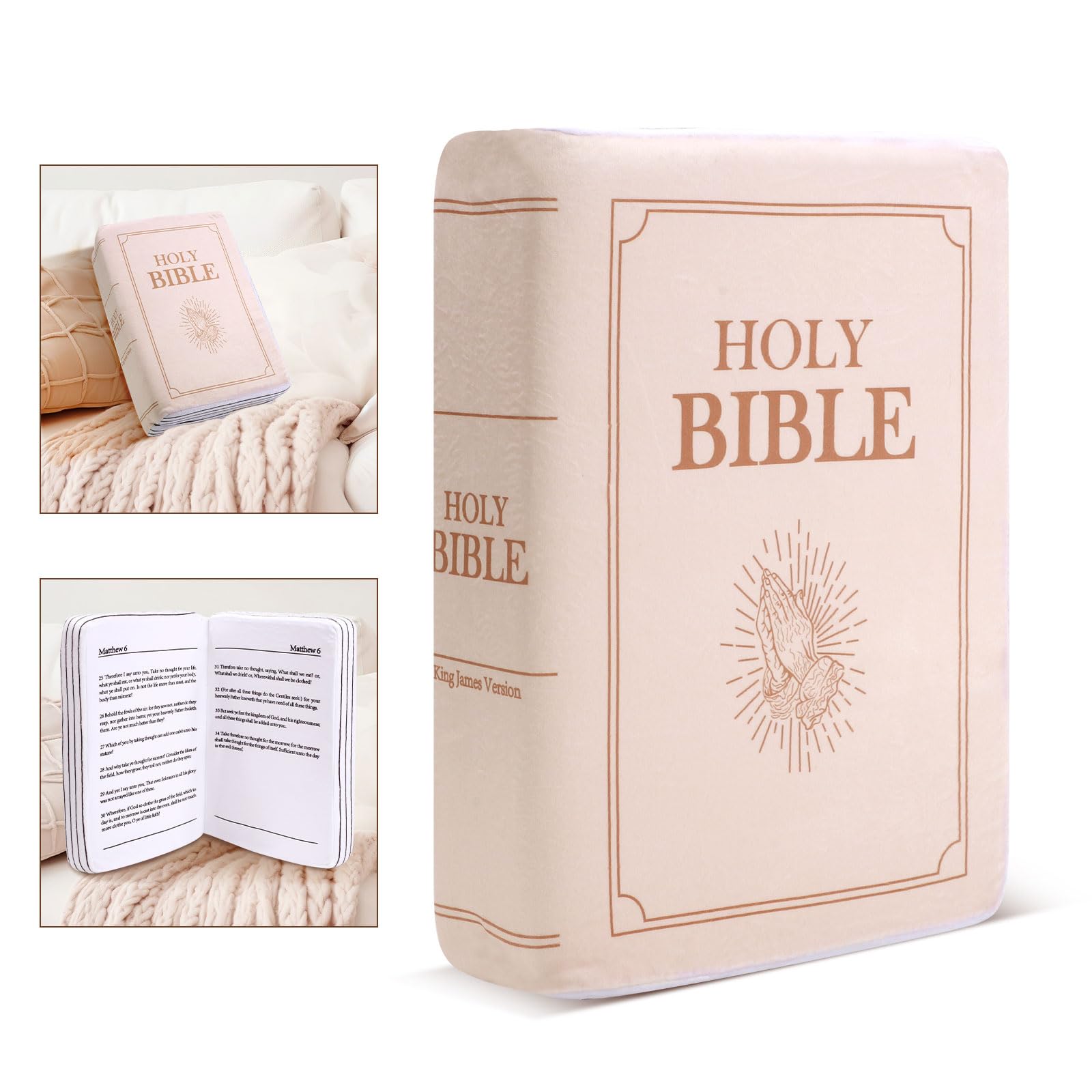 lasuroa Bible Pillow, 13x8.66x3.54 Inch Velvet Book Shape Pillow Plush That Opens Scripture Khaki Holy Bible Pillow Cozy Faith Bible Gift for Women Men