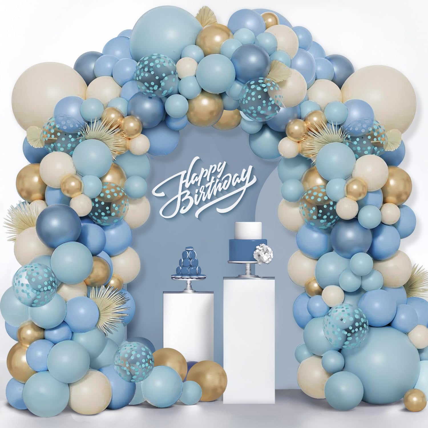 Dusty Blue Balloons Garland Arch Kit, Dusty Pastel Baby Blue Balloon White Sand Chrome Gold Blue Confetti Latex Balloons for Boy Baby Shower Bridal Shower Gender Reveal Birthday Party Decorations