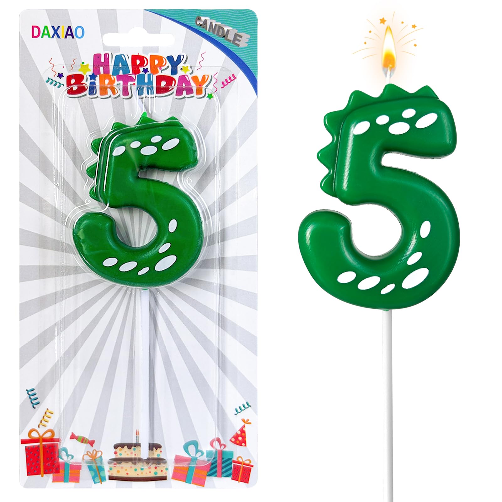 CJPSL 5st Birthday Number Candle Dinosaur Cake Topper Candle Birthday Cake Topper Decoration Candle, 2.75 inches, Suitable for Dinosaur Theme Birthday Party, Green Theme Party, Bakery Decoration