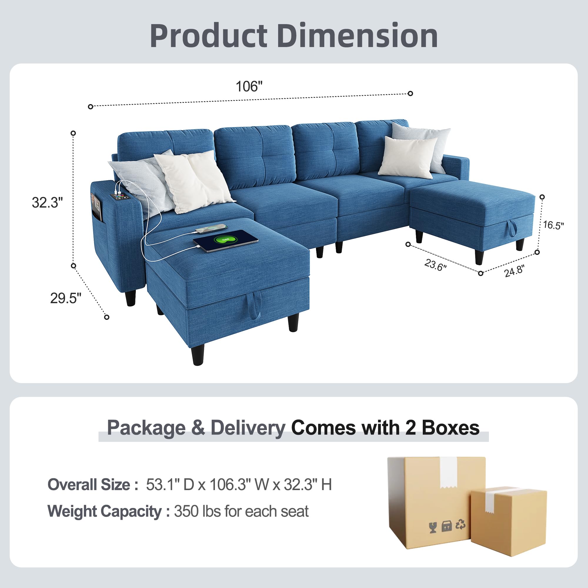 Lvifur LED Sectional Couches for Living Room, Modern Modular Sectional Sofa with Charging Station, U-Shaped 4 Seat Sofa Set with Chaise and Storage Ottomans (Blue)