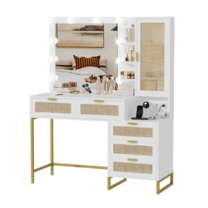 garveehome vanity mirror with lights and table & power outlet, makeup vanity table with 12 bulbs, 5 drawer & cabinet, 3 ligthing color vanity desk with mirror and lights, rattan