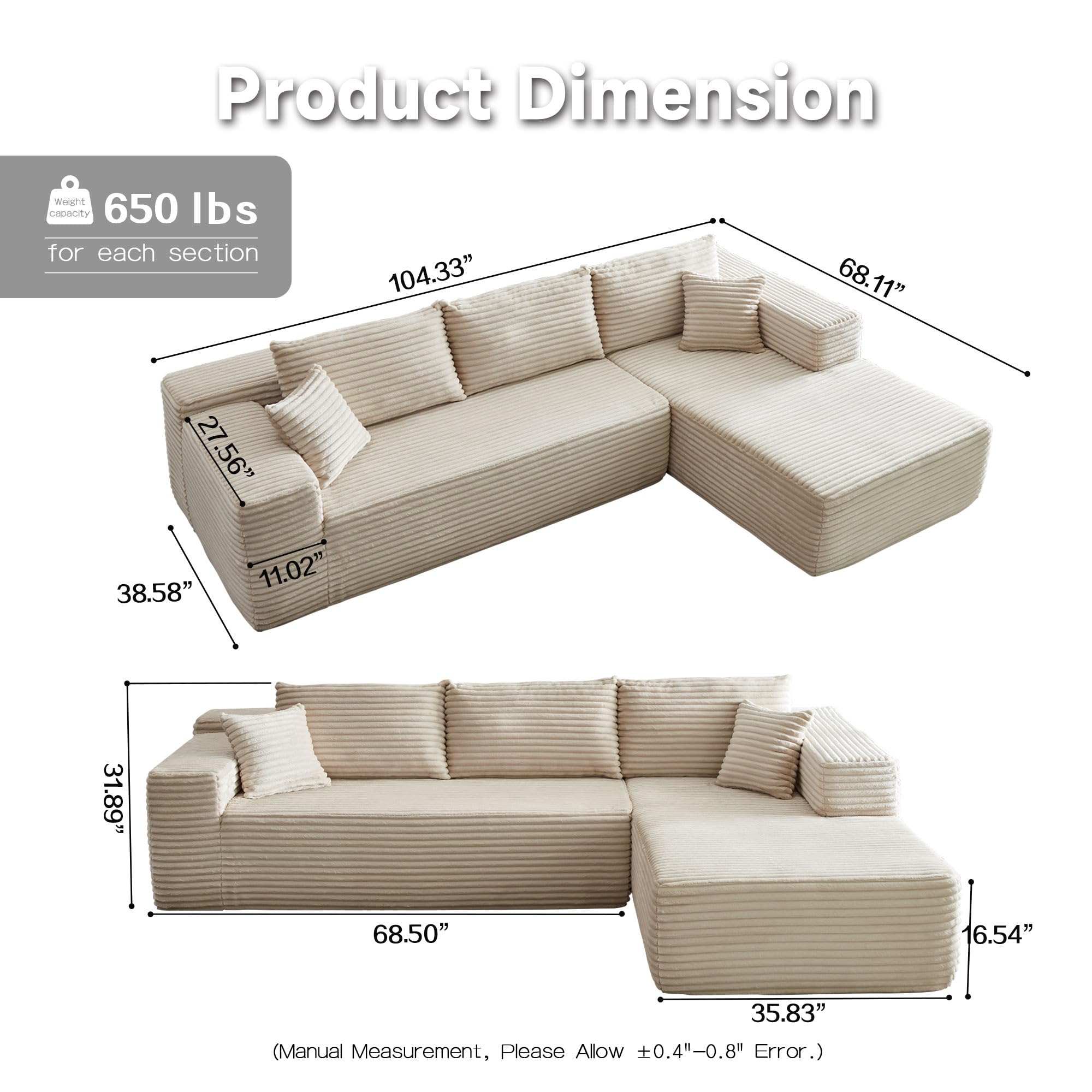 CAODOC L-Shape Sectional Sofa, Modular Sectional Living Room Sofa Set, 104 * 68" Modern Minimalist Style Couch, Upholstered Chenille Sleeper Sofa for Living Room, Salon, 2 PC Free Combination