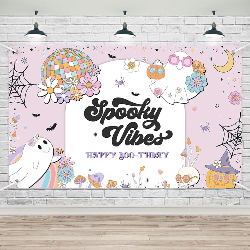 Lofaris Spooky Vibes Party Banner Bithtday Baby Shower Extra Large Fabric Groovy Halloween Decorations Hippie Groovy Halloween Celebration Photography Backdrop Family Holiday Party Decor 70.8x43.3