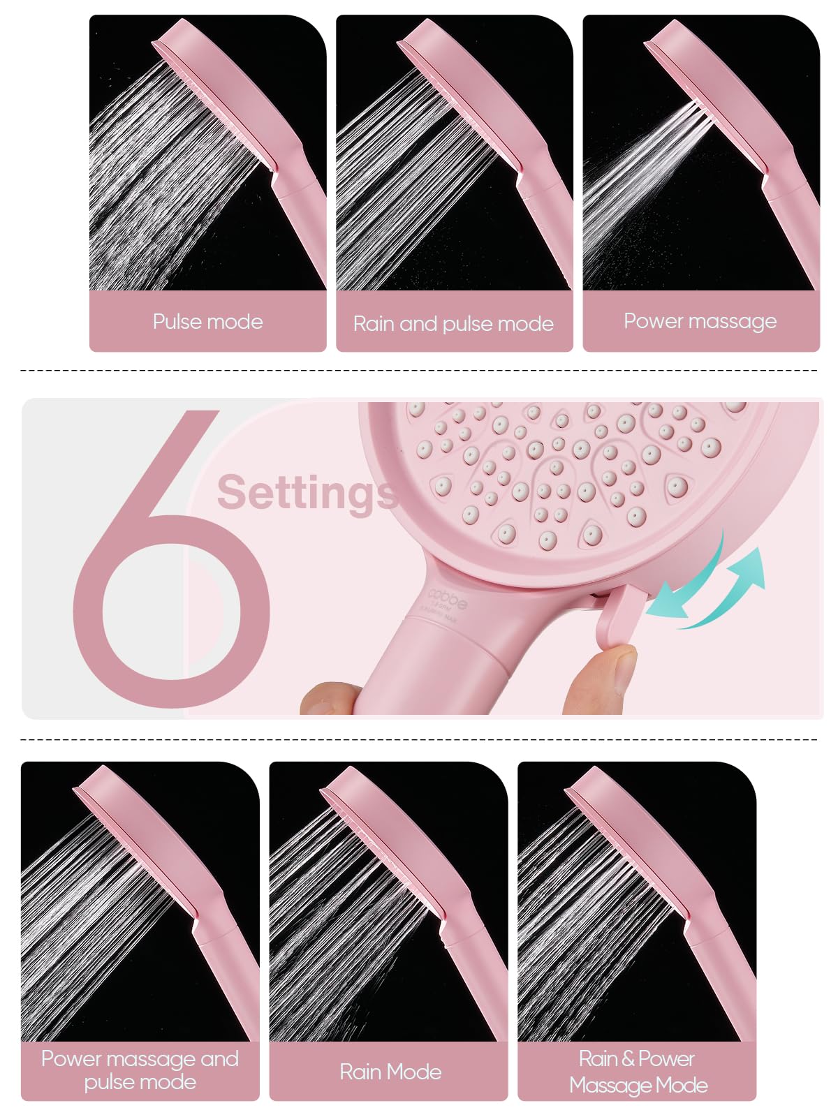 Cobbe Filtered Shower Head with Handheld, High Pressure 6 Spray Mode Showerhead with Filters, Water Softener Filters Beads for Hard Water - Remove Chlorine - Reduces Dry Itchy Skin, Pink